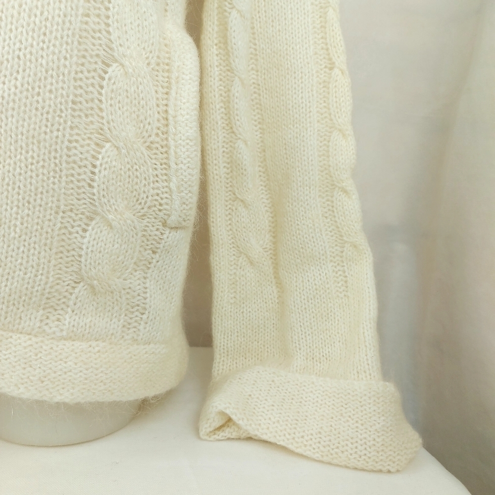 Vintage wool mohair fuzzy cable knit hooded sweater kimono sleeve Size Medium - Picture 7 of 13